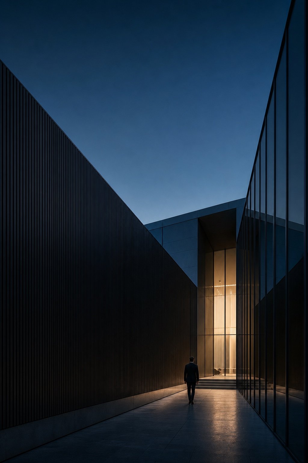 Ejecutivo avanzando entre planos arquitectónicos precisos hacia un espacio iluminado